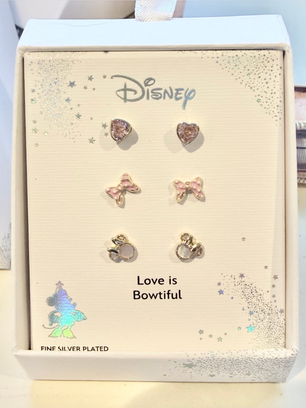 Disney Pink & Silver Bow and Heart Stud Earring Set, NWT